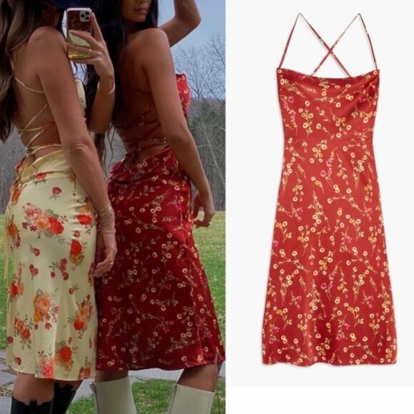 Danielle Bernstein Tie Back Roses And Daises Midi Silky Dress M Redwood Multi - Picture 5 of 16